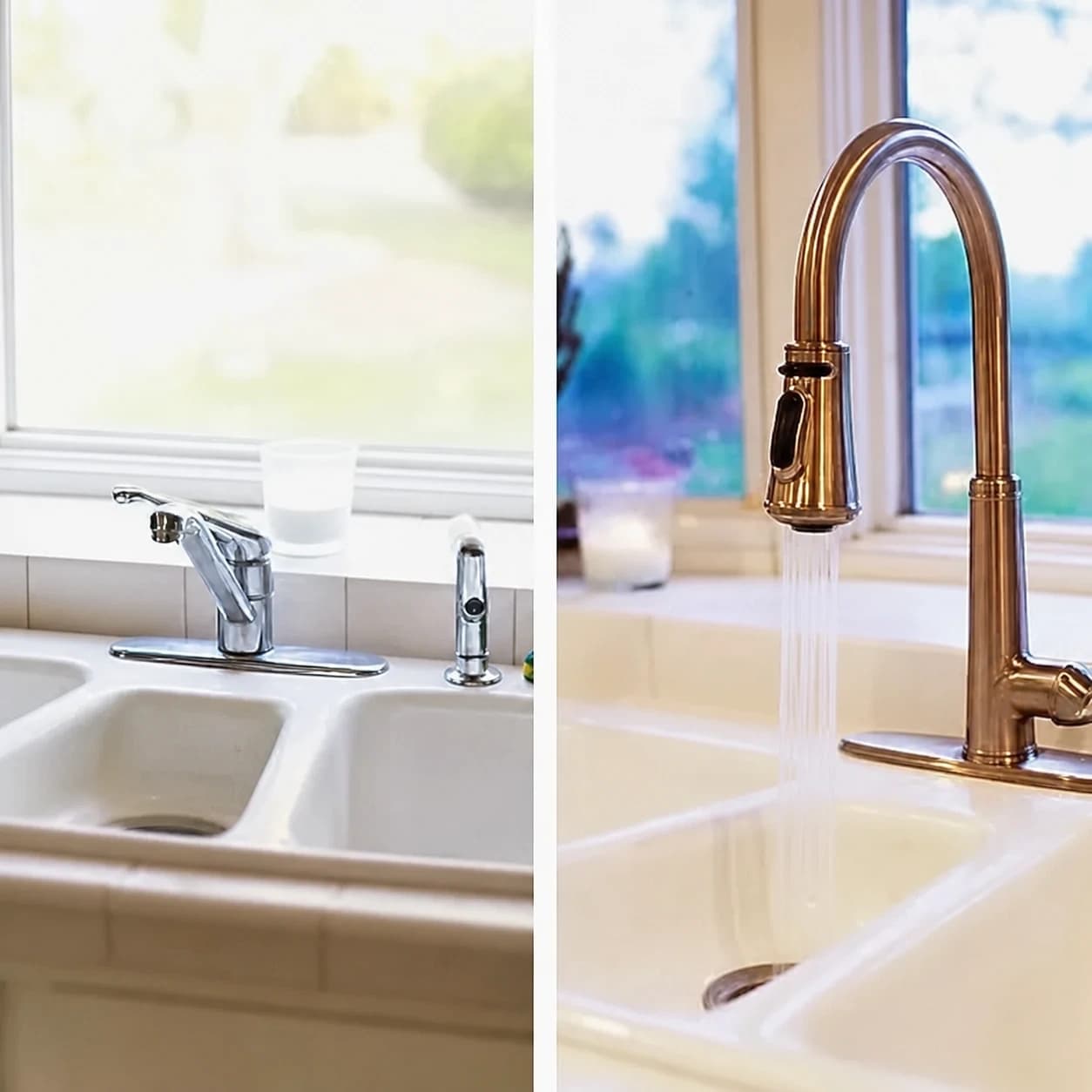 Side-by-side before and after view of a kitchen faucet replacement