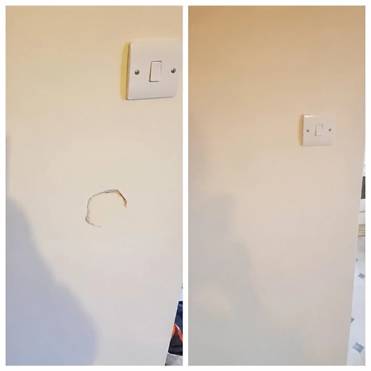 Side-by-side before and after view of a repaired wall opening