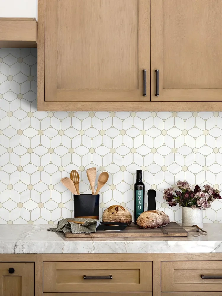 Freshly installed kitchen tile backsplash with clean grout lines