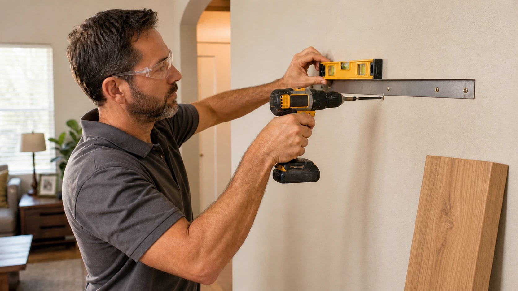 Craftsman leveling and fastening a floating-shelf mounting bracket